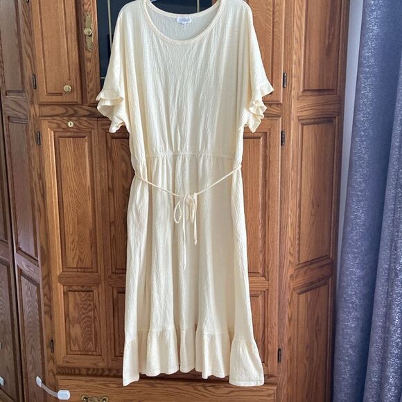 Yellow Striped Knit Dolman Sleeve Casual Modest Summer Midi Dress with belt - Picture 1 of 8